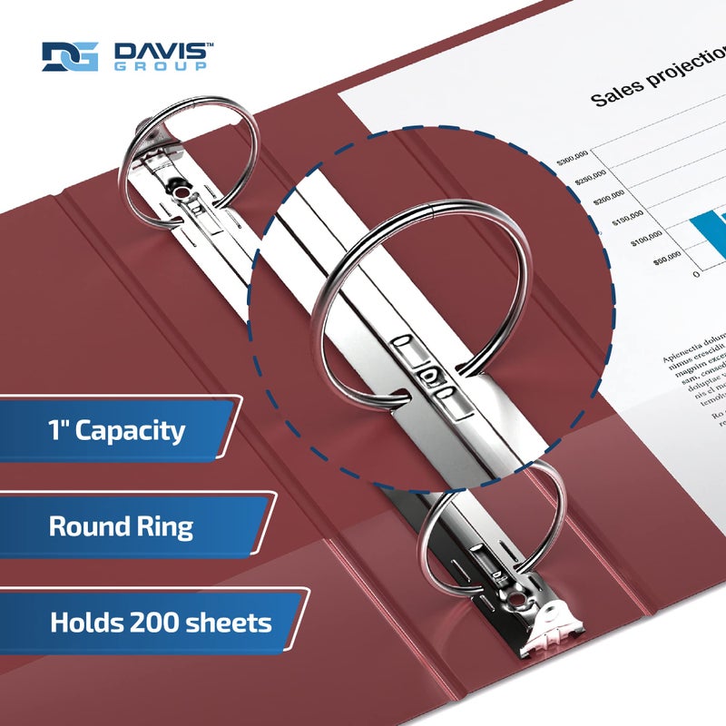 Davis Group مجلدات Easyview Premium ذات 3 حلقات مع أغطية شفافة وحلقات دائرية، مجلدات للمدرسة أو المكتب، 1 بوصة، عبوة من 6 قطع، عنابي - Image 2